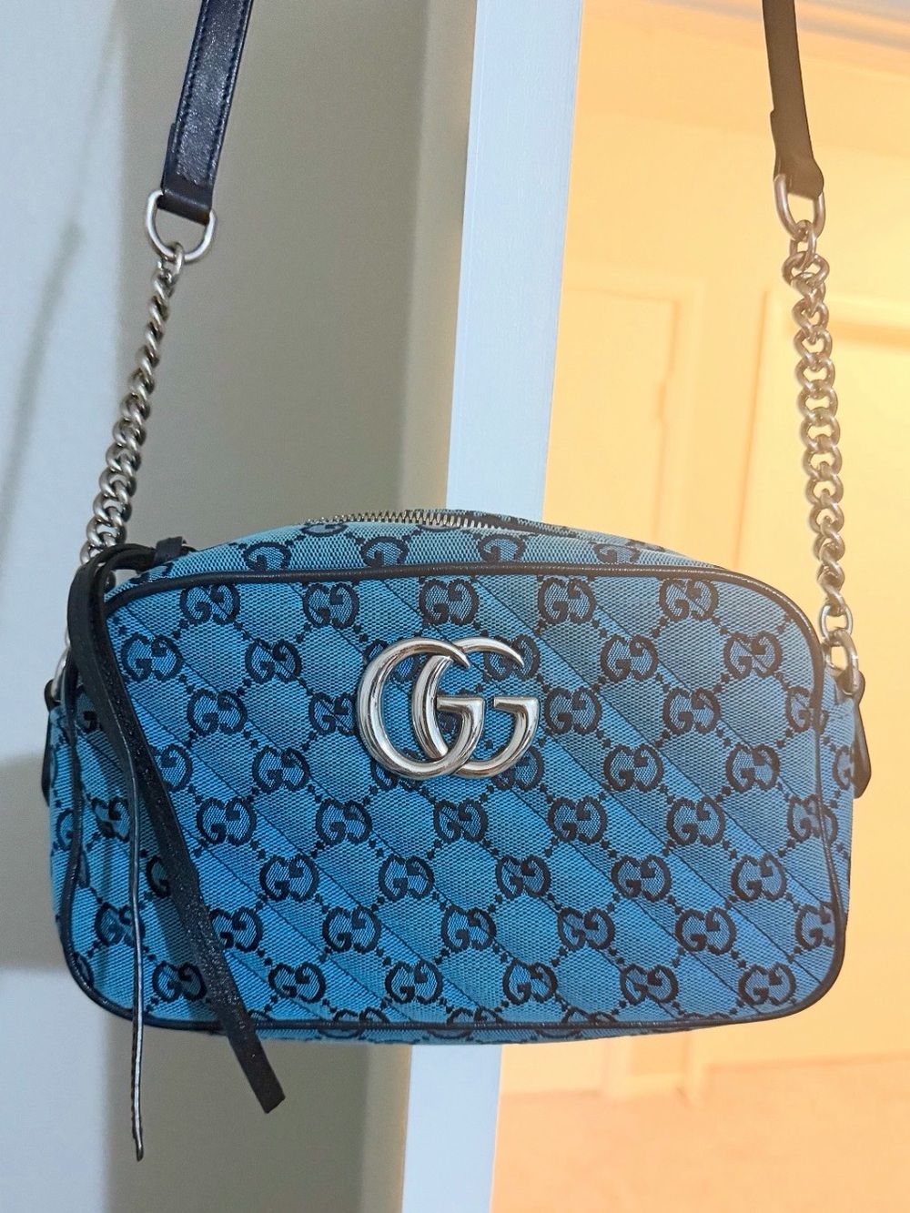 Gucci Monogram Matelasse Diagonal Small GG Marmont Chain Shoulder Bag